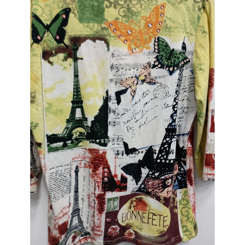 French Postcards Wearable Art Top Womens S Yellow Paris Eiffel Tower Sequin - Picture 11 of 11